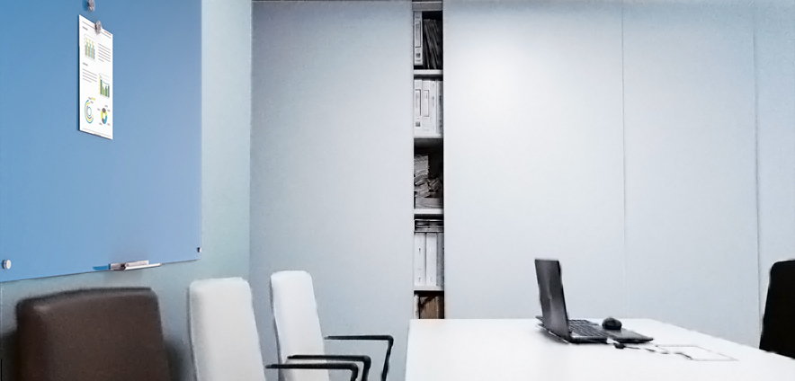 In a conference room with shades of blue and gray, it exudes a sense of calm and trustworthiness