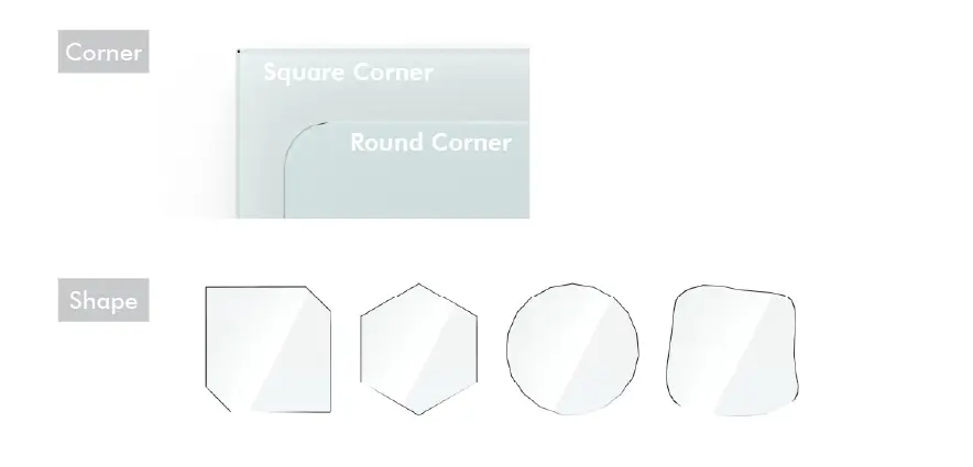 The glass whiteboard features a variety of corner changes and shape designs. Check out the image for the options!