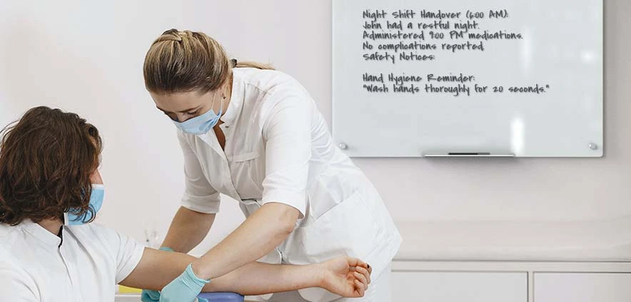 A female nurse is preparing a medical procedure for a patient in front of a glass whiteboard